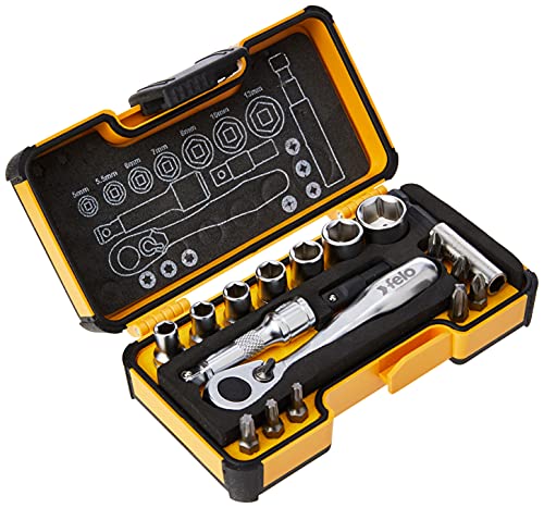 Felo Werkzeugsatz XS 18 1/4' mit Miniratsche, Bits, Steckschlüsseleinsätzen und Zubehör, 18-tlg